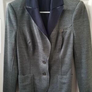 Vintage Women's Retro Gray Jersey Blazer Jacket with Navy Collar Cuffs Lining S